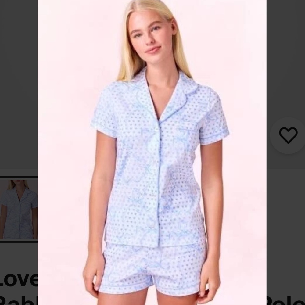 NWT LoveShackFancy x Roller Rabbit Luna Bow Hearts Polo Pajamas- light blue